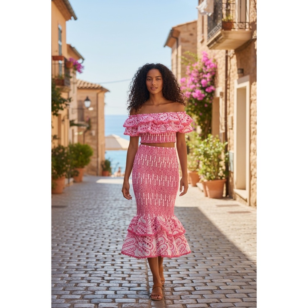Pink Off-Shoulder Knit Crop Top and Fitted Ruffle Skirt Set